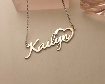 Custom Heart Necklace, Dainty Heart Necklace with Name, Personalized Heart Name Necklace for Women,  Name Jewelry, Baby Girl Gift with Heart
