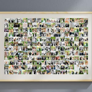 May include: A framed photo collage featuring numerous wedding photos. The images are arranged in a grid pattern, showcasing various wedding scenes with couples, groups, and ceremonies. The frame is a light wood color, and the background is a solid gray.