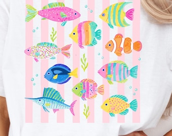 Preppy Fish PNG, Coastal Fish PNG, Beach Fish Clipart, Cute Summer, Girly Ocean Clipart, Girly Beach Png, Preppy Stripped Graphic