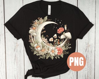 Floral Aesthetic Cottagecore Moon PNG | Goblincore png | Crescent Cottagecore | Mushrooms Png | Botanical Flowers PNG | Digital Download