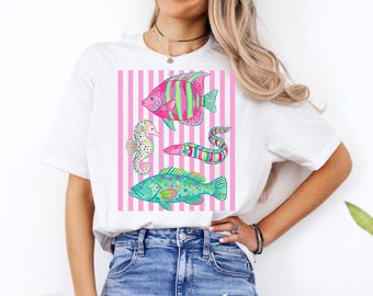 Preppy Fish PNG, Coastal Fish PNG, Beach Fish Clipart, Cute Summer, Girly Ocean Clipart, Girly Beach Png, Preppy Stripped Graphic