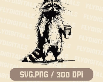 Puede incluir: Ilustración en blanco y negro de un mapache sosteniendo una taza de café. El mapache tiene una cola rayada y está de pie. La imagen incluye el texto "SVG.PNG / 300 DPI" en un rectángulo marrón.