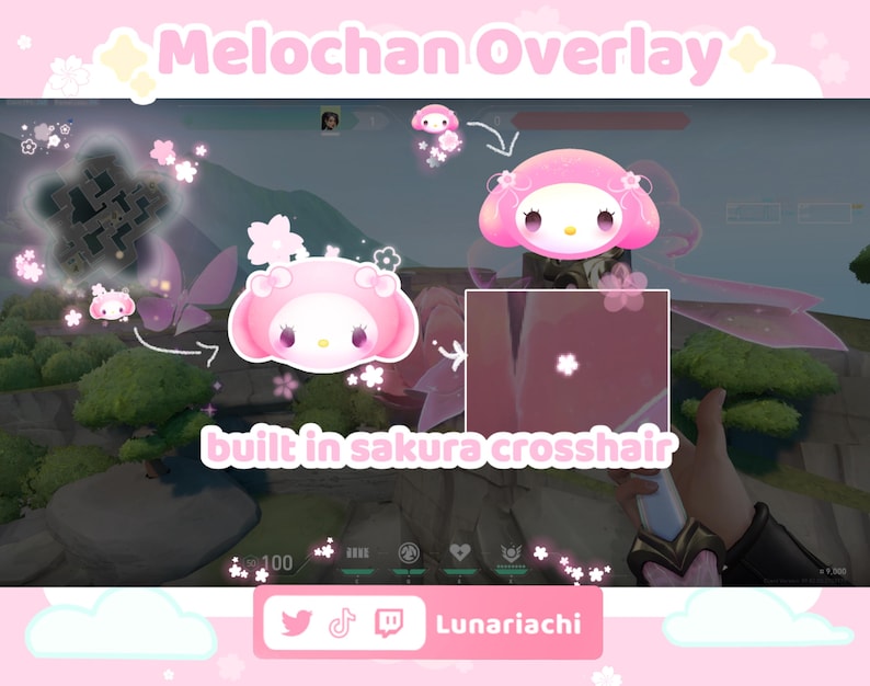 Puede incluir: Superposici&oacute;n Melochan rosa con una mira de sakura incorporada. La imagen presenta un personaje rosa y blanco con acentos de flor de cerezo, y el texto "Melochain Overlay" en la parte superior. La parte inferior de la imagen tiene iconos de redes sociales.