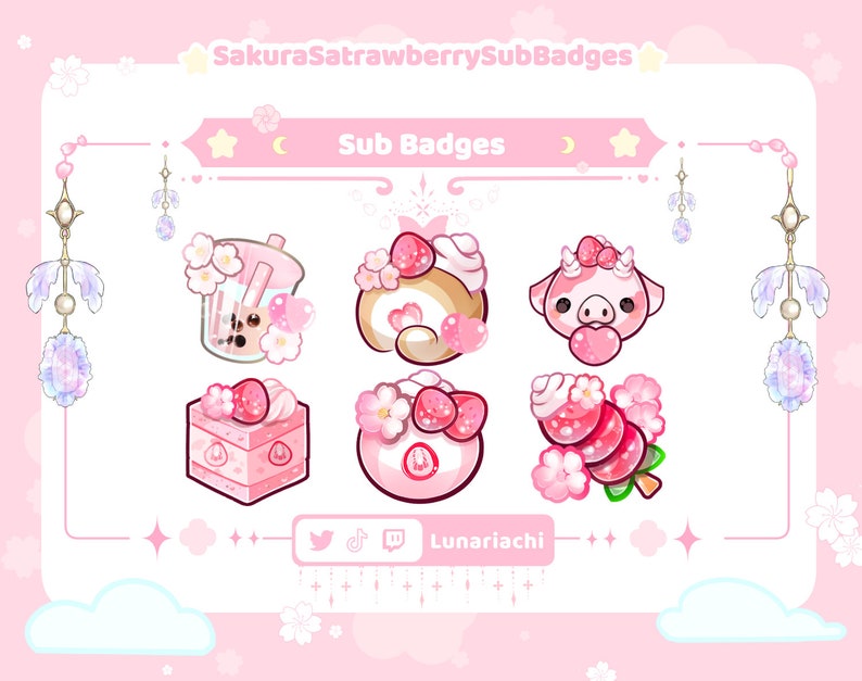 Sakura and strawberry themed Twitch sub badges featuring kawaii designs boba drink, cakeroll, cake slice, strawberry, and mochi in pastel pink tones with cherry blossoms. Perfect for streamers seeking a cute, unique aesthetic for their channel