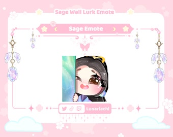 May include: A digital illustration featuring a cute anime-style character peeking from behind a green and blue wall. The image has a pink border with text that reads "Sage Wall Lurk Emote" and "Sage Emote". Social media icons are at the bottom.