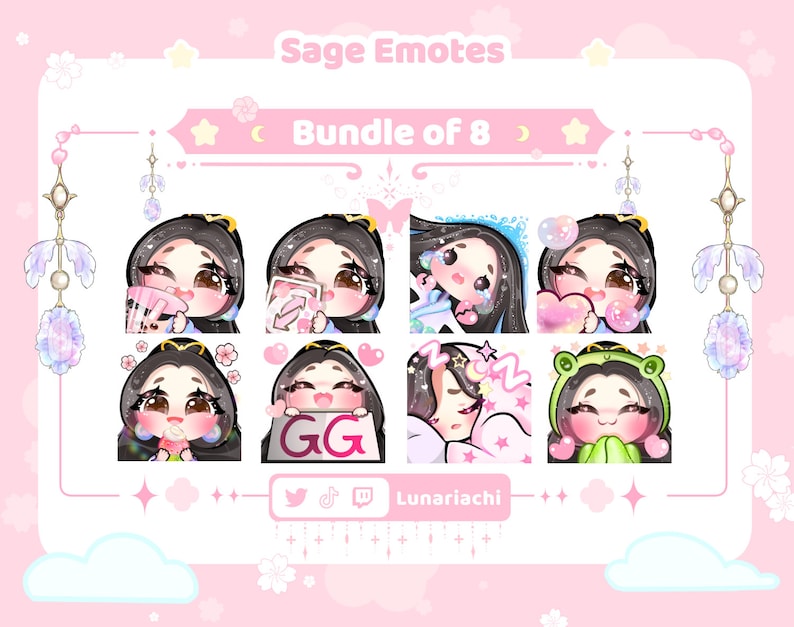 Express yourself with this free bundle of 8 Sage emotes! Perfect for Valorant fans and Twitch/Discord users. These high quality emotes feature Sage in a variety of cute and expressive poses, including cheering, gaming, and showing love for boba tea ♥