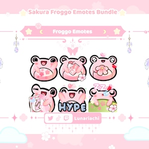 Puede incluir: Un conjunto de emotes de ranas rosadas con diferentes expresiones, incluyendo una rana sosteniendo una flor, una rana sosteniendo una carta, una rana durmiendo y una rana con un texto de hype. Los emotes están diseñados en un estilo lindo y de dibujos animados con colores rosa y blanco.