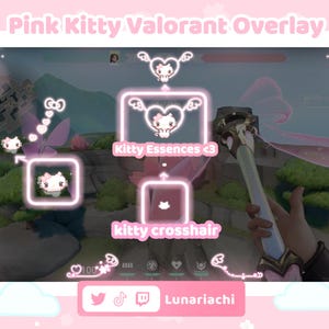 Puede incluir: Superposición digital rosa y blanca para el videojuego Valorant, con un personaje de gatito rosa, una mira y el texto "Kitty Essences <3" y "Lunariachi".
