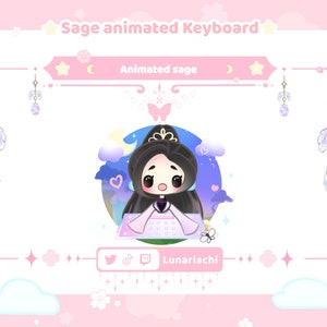 May include: A digital illustration of a cartoon character with long black hair wearing a purple and white outfit. The character is sitting in front of a keyboard with a butterfly flying above. The background is a pink and purple sky with clouds and stars. The text "Sage animated Keyboard" and "Animated sage" are at the top of the image. The text "Lunariachi" is at the bottom of the image.