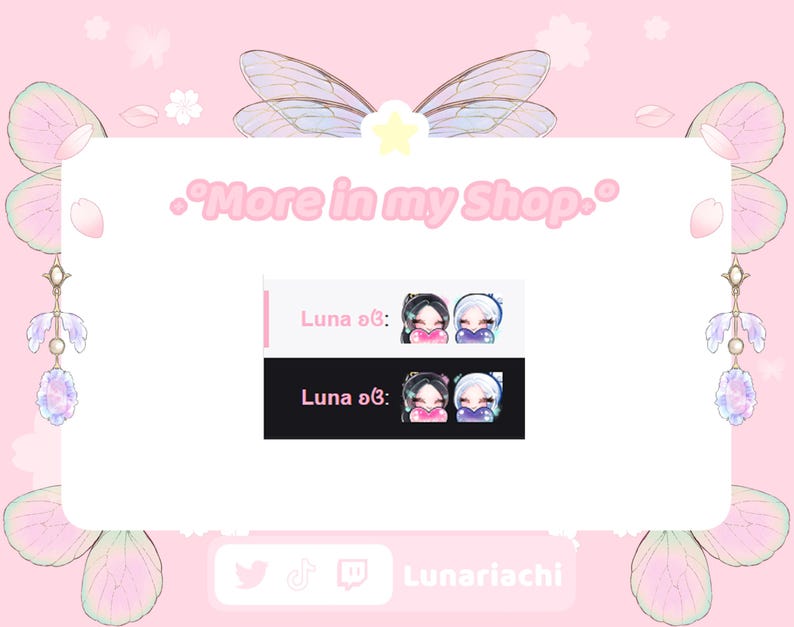 May include: A pink graphic with the text ".More in my Shop." and two cartoon images of a girl with black and white hair. The text "Luna oꙍ:" is displayed above the images. Social media icons and the username "Lunariachi" are at the bottom.