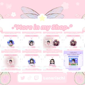 May include: A pink graphic featuring various animated character designs, with the text "More in my Shop." The designs include anime-style characters with dark hair and various outfits. The background is decorated with butterfly and floral elements.