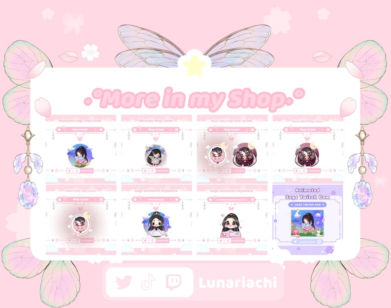 May include: A pink graphic featuring various animated character designs, with the text "More in my Shop." The designs include anime-style characters with dark hair and various outfits. The background is decorated with butterfly and floral elements.