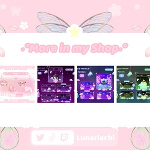 May include: Four different Twitch panel designs featuring a pink and white sakura bun, a purple and black starry sky, a purple and black cat, and a green and black frog. The text "More in my Shop." is at the top of the image. The text "Lunariachi" is at the bottom of the image.