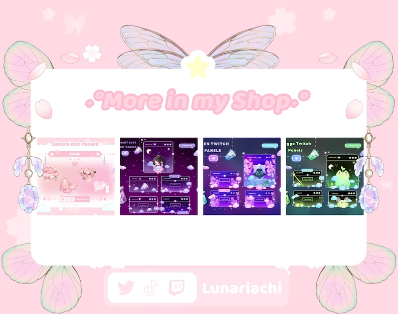 Puede incluir: Gr&aacute;fico rosa y blanco con paneles de Twitch con temas como Sakura Bun y otros dise&ntilde;os. El texto "More in my Shop" es rosa. Los iconos de redes sociales y el nombre "Lunariachi" est&aacute;n en la parte inferior.