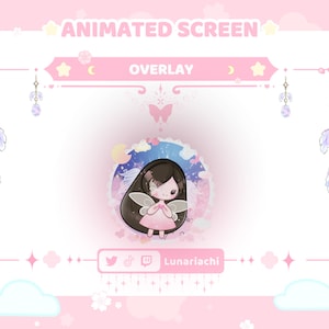May include: Animated screen overlay with a pink background and a white frame. The overlay features a cartoon fairy with pink wings and a pink dress. The fairy is surrounded by clouds and stars. The text "ANIMATED SCREEN" and "OVERLAY" are at the top of the screen. The text "Lunariachi" is at the bottom of the screen.