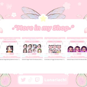Op de afbeelding: Een roze afbeelding met digitale kunst-emotes voor Twitch en andere platforms. De afbeelding bevat de tekst "More in my Shop" en toont verschillende emote-bundels, waaronder ontwerpen van Sage, Reyna en Sakura Froggo. De winkelnaam "Lunariachi" is ook zichtbaar.