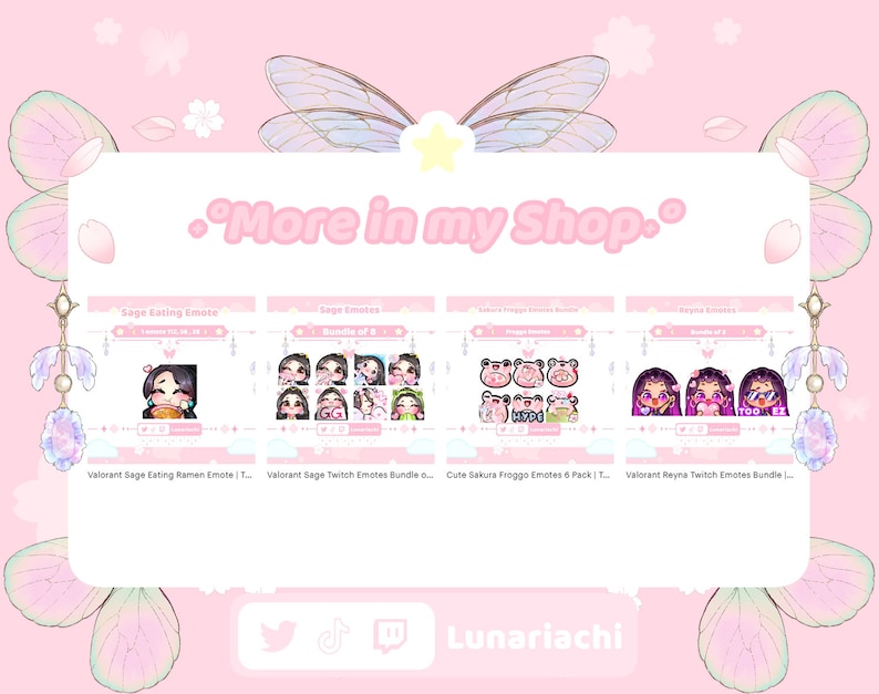 Op de afbeelding: Een roze afbeelding met digitale kunst-emotes voor Twitch en andere platforms. De afbeelding bevat de tekst "More in my Shop" en toont verschillende emote-bundels, waaronder ontwerpen van Sage, Reyna en Sakura Froggo. De winkelnaam "Lunariachi" is ook zichtbaar.