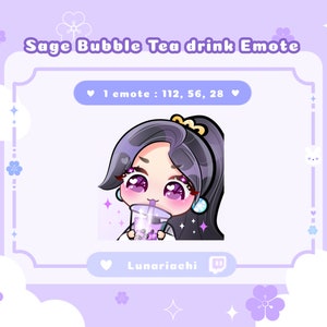 May include: Purple and white anime-style character with long purple hair, wearing a white shirt and drinking a purple bubble tea. The character has large eyes and a cute expression. The background is a light purple with white clouds and pink flowers. The text "Sage Bubble Tea drink Emote" is at the top of the image. The text "1 emote : 112, 56, 28" is in a pink heart-shaped box. The text "Lunariacchi" is in a white heart-shaped box with a Twitch logo.