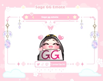 May include: A pink and white digital illustration of a cartoon character holding a sign that says "GG". The character has black hair, brown eyes, and is wearing a pink and white hooded cloak. The background is pink with white clouds and stars.