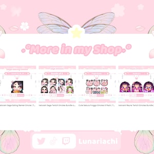 Puede incluir: Gr&aacute;fico rosa con el texto &laquo;More in my Shop.&raquo; y cuatro vistas previas de productos. Las vistas previas muestran varios emotes de Twitch, incluyendo Sage y Reyna de Valorant, y dise&ntilde;os de ranas lindas. Las redes sociales de la tienda est&aacute;n en la parte inferior.