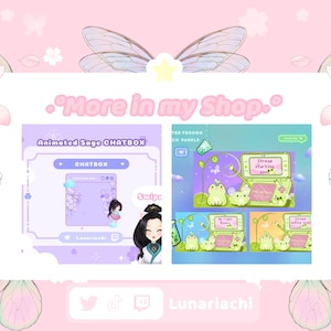 Puede incluir: Un gr&aacute;fico de arte digital con un tema rosa y morado, con chatbox animados y paneles de transmisi&oacute;n. El texto "More in my Shop" se muestra en la parte superior. La imagen incluye el texto "Animated Sage CHATBOX" y "TED FOODGO CH PANELS".