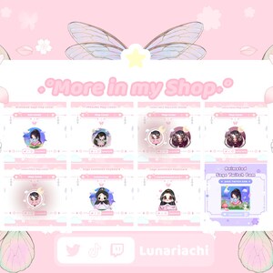 Op de afbeelding: Een roze en witte afbeelding met de tekst "More in my Shop." De afbeelding toont verschillende geanimeerde Twitch-overlays en map covers, met cartoonkarakters en bloemmotieven. De social media handles van de shop worden ook weergegeven.