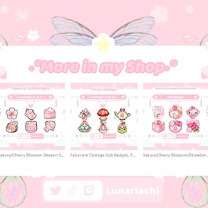 Puede incluir: Ilustraci&oacute;n digital rosa que presenta insignias secundarias con temas de hadas. Los conjuntos incluyen dise&ntilde;os de flor de cerezo, caba&ntilde;a de hadas y fresa. El texto incluye "More in my Shop" y el nombre de la tienda "Lunariachi".