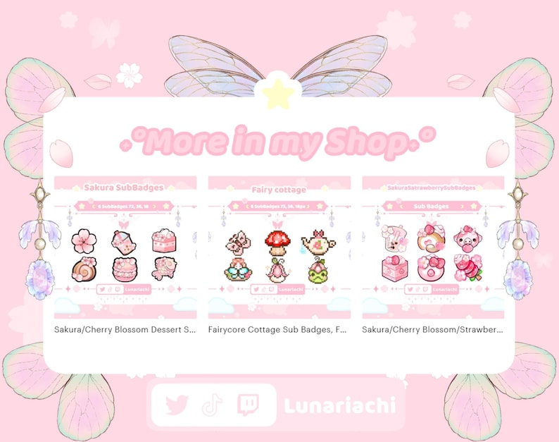Puede incluir: Ilustraci&oacute;n digital rosa que presenta insignias secundarias con temas de hadas. Los conjuntos incluyen dise&ntilde;os de flor de cerezo, caba&ntilde;a de hadas y fresa. El texto incluye "More in my Shop" y el nombre de la tienda "Lunariachi".