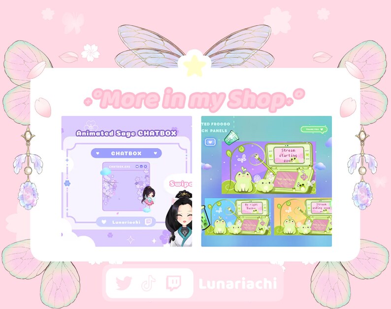 Op de afbeelding: Digitale kunstafbeelding met een roze en paars thema. De afbeelding toont geanimeerde chatboxen en panelen voor streaming, met een kikker en een personage. Tekst bevat "More in my Shop" en "Animated Sage CHATBOX".