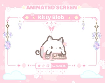 May include: A pink animated screen featuring a white cat holding a pink and brown boombox. The screen has a pink and white border with a white cloud at the bottom. The text "Animated Screen" is at the top of the screen, and the text "Kitty Blob" is in the middle of the screen. The text "Lunariachi" is at the bottom of the screen.