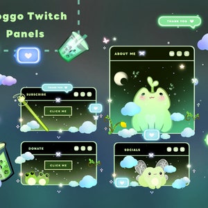 Puede incluir: Cuatro paneles de Twitch con un personaje de rana verde con diferentes temas: Suscribirse, Donar, Acerca de mí y Redes sociales. Cada panel tiene un esquema de color verde y negro con un borde verde neón y un icono de corazón blanco.