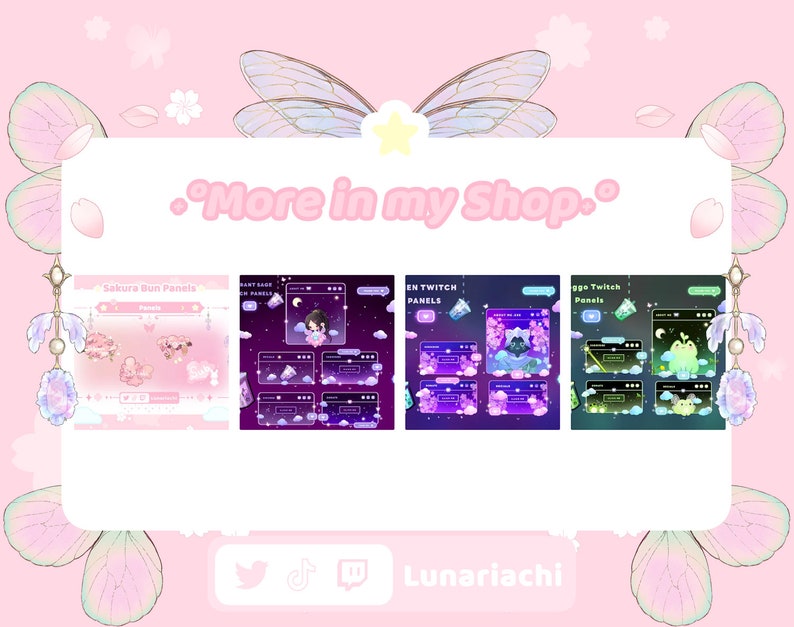 Op de afbeelding: Een roze en witte afbeelding met Twitch-panelen met een sakura-thema. De panelen bevatten verschillende ontwerpen met schattige personages en bloemelementen. Tekst bevat "Sakura Bun Panels" en "More in my Shop."