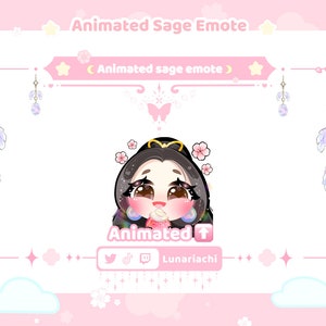 Puede incluir: Emoticono animado de Twitch con un personaje de dibujos animados de pelo negro, que lleva un atuendo rosa y azul, sosteniendo un objeto rosa y blanco. El emoticono est&aacute; sobre un fondo rosa con nubes blancas y estrellas. El texto "Animated" y "Lunariachi" est&aacute; incluido en la imagen.