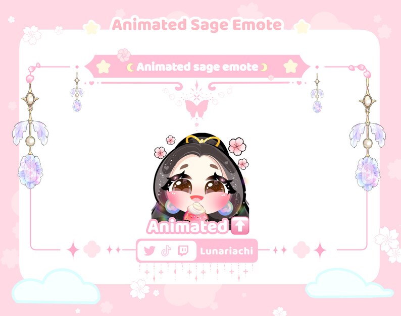 Puede incluir: Emoticono animado de Twitch con un personaje de dibujos animados de pelo negro, que lleva un atuendo rosa y azul, sosteniendo un objeto rosa y blanco. El emoticono est&aacute; sobre un fondo rosa con nubes blancas y estrellas. El texto "Animated" y "Lunariachi" est&aacute; incluido en la imagen.