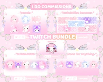 Lot de superpositions pastel kawaii pour Twitch : émoticônes lapin, badges, panneaux (téléchargement numérique)
