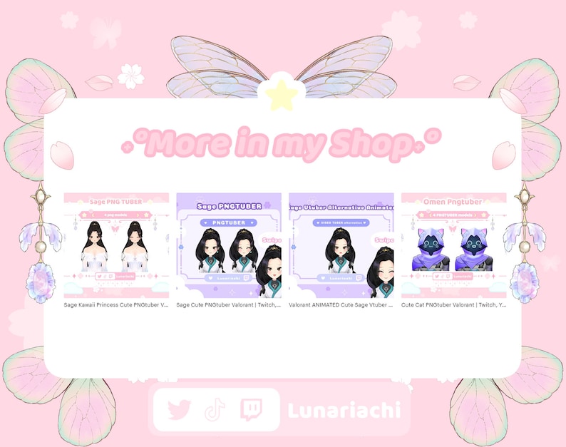 May include: A pink graphic with the text "More in my Shop." and several digital art character designs. The designs include a princess, a cat, and other anime-style characters. The shop's social media handles are at the bottom.