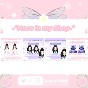 Puede incluir: Un gr&aacute;fico rosa con el texto "More in my Shop." e ilustraciones de personajes de arte digital. Los personajes incluyen una princesa, un gato y otras figuras de estilo anime. Iconos de redes sociales en la parte inferior.