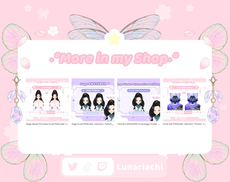 Puede incluir: Un gr&aacute;fico rosa con el texto "More in my Shop." e ilustraciones de personajes de arte digital. Los personajes incluyen una princesa, un gato y otras figuras de estilo anime. Iconos de redes sociales en la parte inferior.