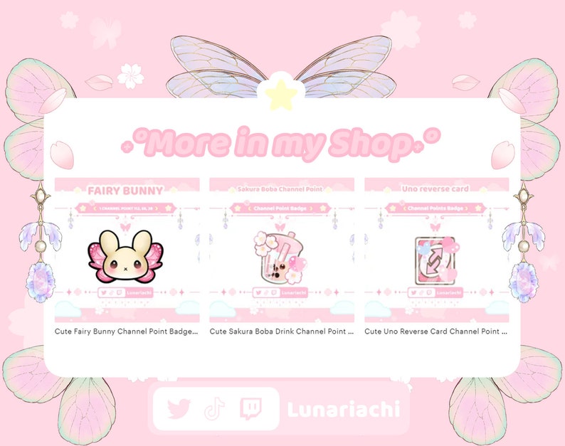 Op de afbeelding: Een roze en witte afbeelding met drie kanaalpunttokens: een fee&euml;riek konijn, een sakura boba-drankje en een Uno-omkeerkaart. De tekst "More in my Shop" staat bovenaan. De social media-handles van de winkel staan onderaan.
