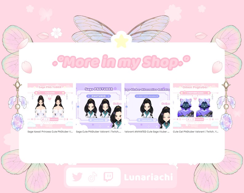 Op de afbeelding: Een roze afbeelding met de tekst "More in my Shop." en verschillende digitale kunstkarakterontwerpen. De ontwerpen omvatten een prinses, een kat en andere personages in anime-stijl. De social media-handles van de winkel staan onderaan.