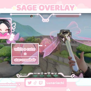 Peut inclure: Une superposition rose et blanche pour le jeu vidéo Valorant, mettant en scène un personnage nommé Sage. La superposition comprend un nœud rose, un réticule en forme d'étoile et le texte "with a cute star crosshair".
