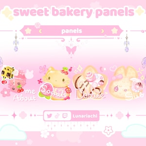 May include: Digital artwork in pink, showcasing "sweet bakery panels" with charming dessert and character illustrations. Text includes "About", "Socials", "Donate", and "Sub". Embellished with stars, moons, and floral designs.