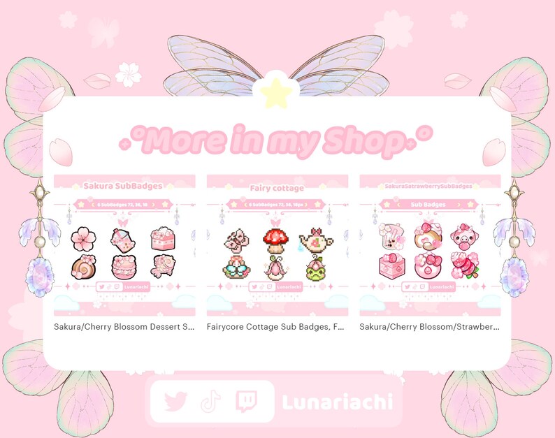 Op de afbeelding: Roze digitale kunst met sub-badges met kersenbloesem- en fee&euml;nhuis-thema's. De afbeelding bevat de tekst "More in my Shop" en social media-handles. De badges tonen desserts, paddenstoelen en andere schattige ontwerpen.