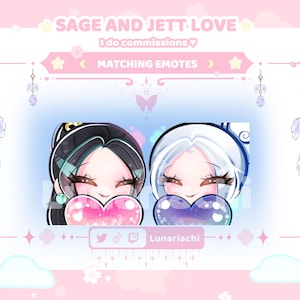 May include: A digital illustration featuring two anime-style characters holding heart-shaped emotes. The characters have black and white hair, and the emotes are pink and purple. The text "SAGE AND JETT LOVE" and "MATCHING EMOTES" is displayed.