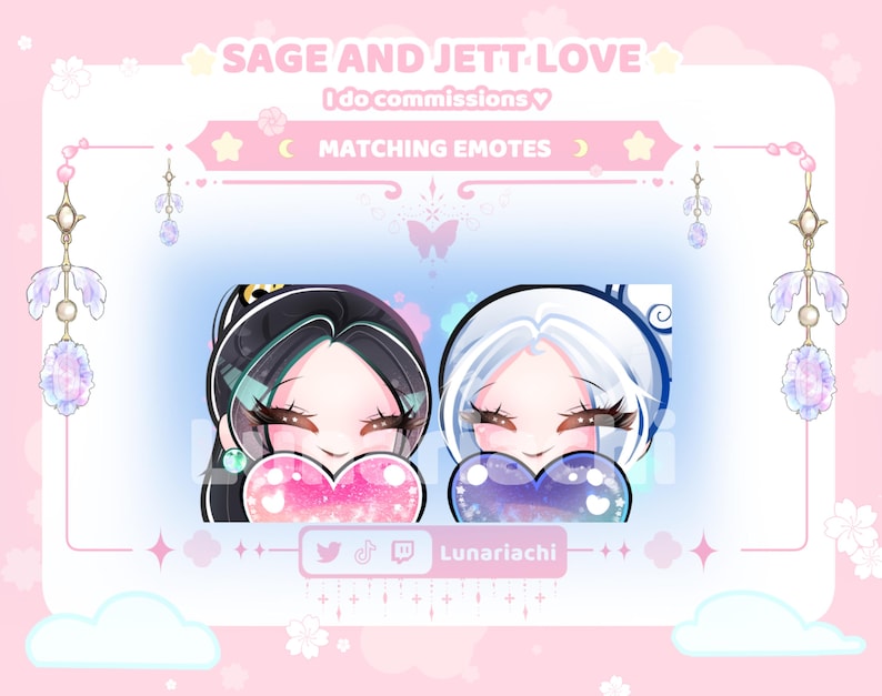 May include: A digital illustration featuring two anime-style characters holding heart-shaped emotes. The characters have black and white hair, and the emotes are pink and purple. The text "SAGE AND JETT LOVE" and "MATCHING EMOTES" is displayed.