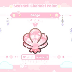 May include: A pink seashell badge with a white and pink swirl design. The badge is surrounded by a white border with a gold trim. The text "Seashell Channel Point" and "Badge" are written in white text on a pink background. The text "Lunariachi" is written in white text on a purple background. Social media icons for Twitter, TikTok, and Twitch are included.