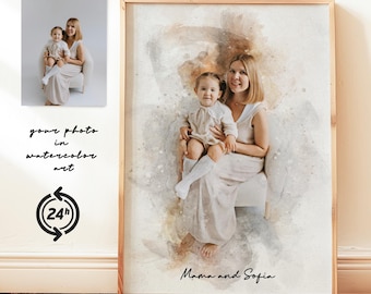 Personalized Mothers Day Gift, Watercolor Portrait from Photo, Custom Family Art, First Mothers Day Present, Gift for Grandma