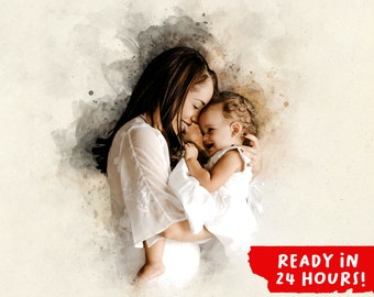May include: A sepia-toned watercolour portrait of a mother and child. The mother, with long brown hair, smiles as she holds the baby, who is wearing a white outfit. The background has a sepia tone with watercolour effects. Text: READY IN 24 HOURS!
