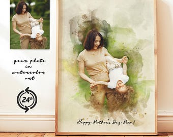 Retrato familiar en acuarela, obra de arte personalizada a partir de una foto, regalo personalizado para mamá, arte familiar pintado a mano, recuerdo de acuarela.