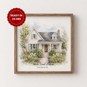 May include: A framed watercolor print of a two-story house with light siding, a dark roof, and a front porch. The artwork features lush green landscaping and flowers. Below the house, the text reads Our First Home and Fair Haven, NY.